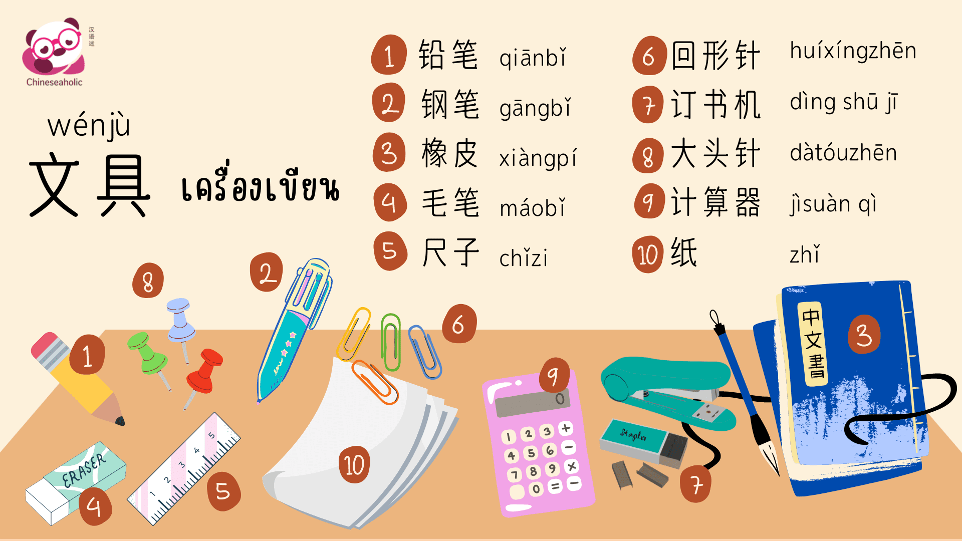 แบบทดสอบคำศัพท์ภาษาจีน เครื่องเขียน